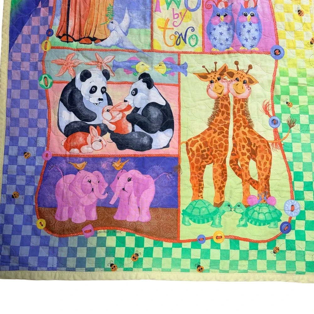 Vtg Noahs Ark Baby Quilt Rainbow Animal Nursery Blanket Retro 90s Hanging 43x32